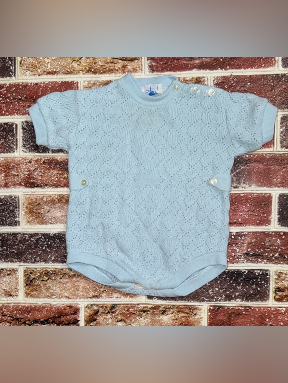 Vintage Atkins blue knit romper approx 9m 15” sts baby boy